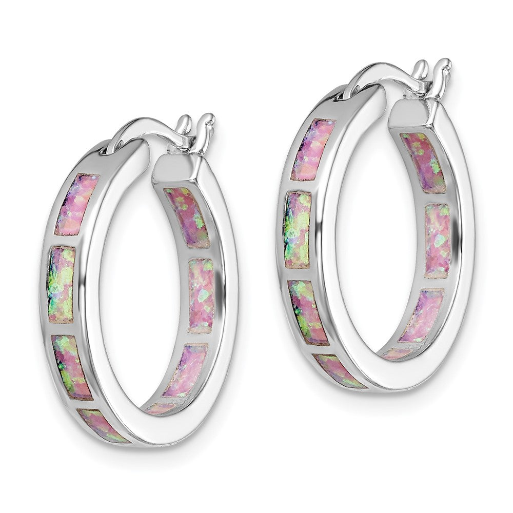 Rhodium-plated Sterling Silver Pink Created Opal In Out Hoops