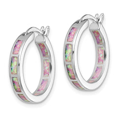 Rhodium-plated Sterling Silver Pink Created Opal In Out Hoops