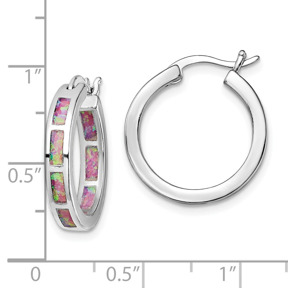 Rhodium-plated Sterling Silver Pink Created Opal In Out Hoops
