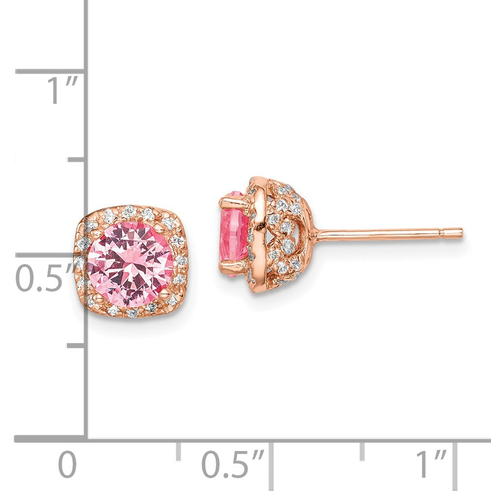 Rose Gold-plated Sterling Silver Square Pink Crystal Center and CZ Post Earrings