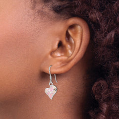 Rhodium-plated Sterling Silver Created Pink Opal Heart Dangle Earrings