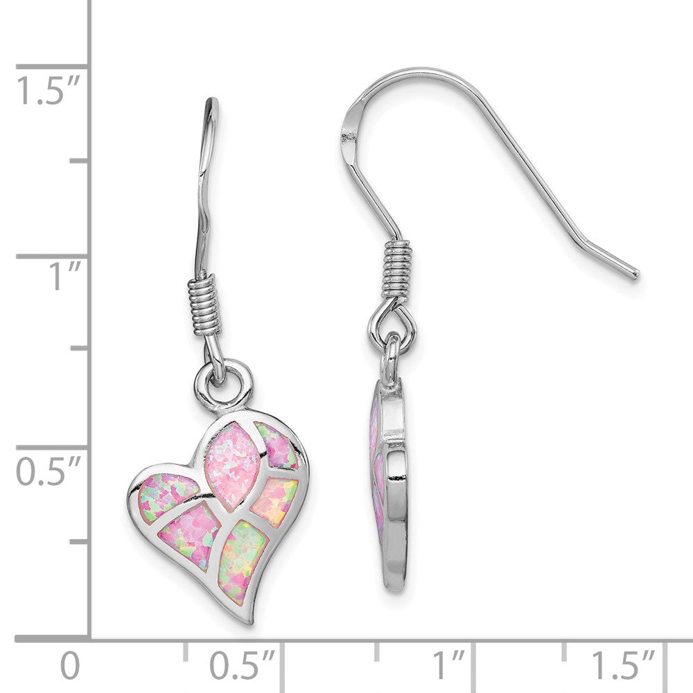 Rhodium-plated Sterling Silver Created Pink Opal Heart Dangle Earrings