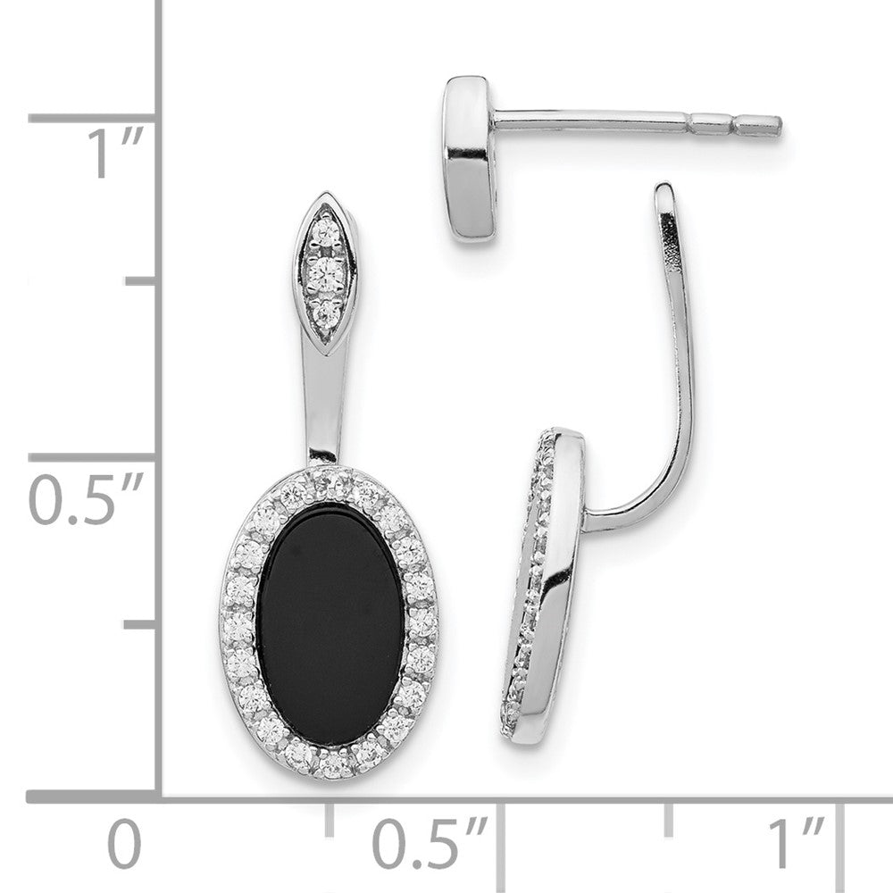 Rhodium-plated Silver Oval Black Agate Jackets with CZ Post Earrings