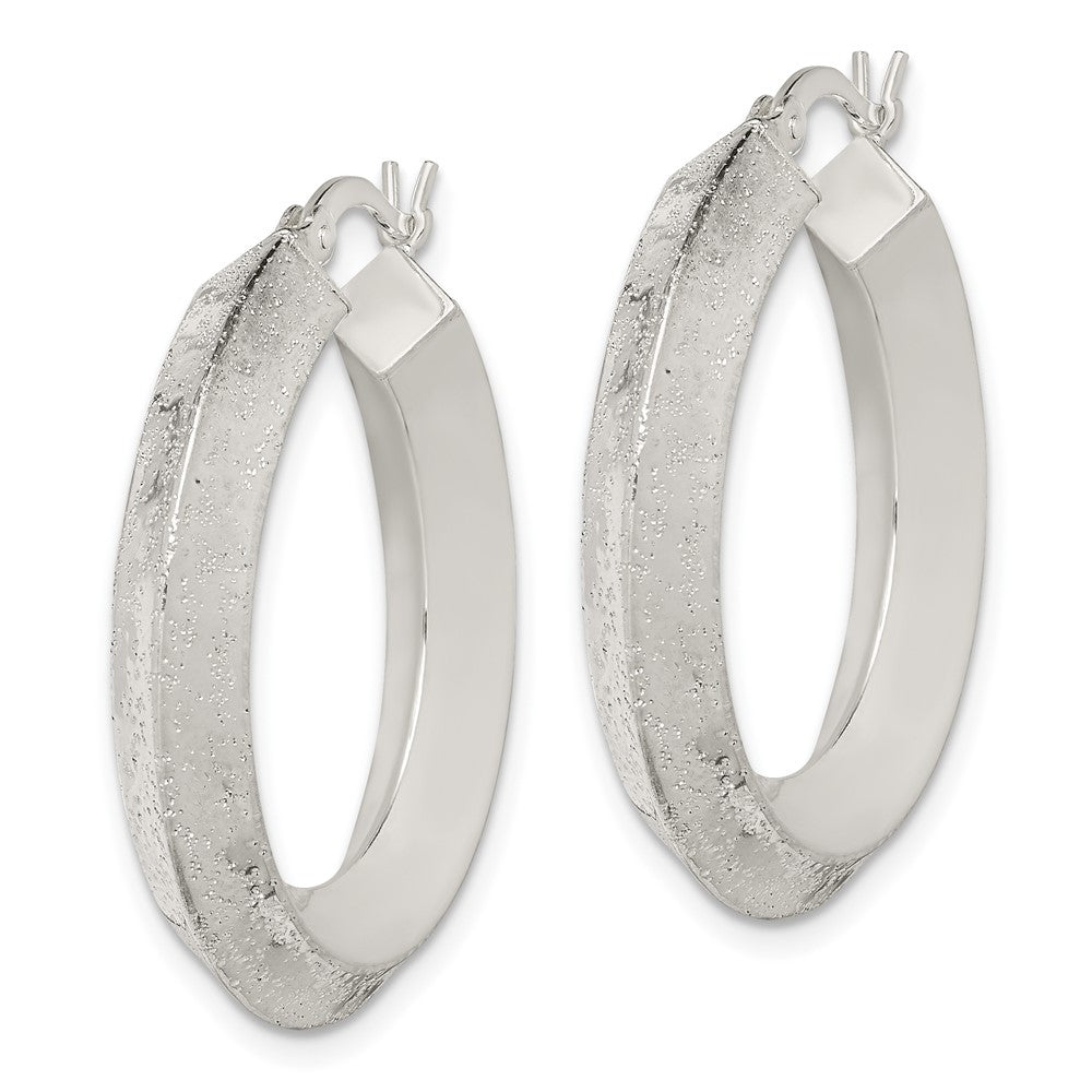 Sterling Silver Textured Polished 5.5x30mm Knife-edge Hoop Earrings