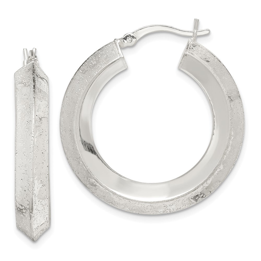 Sterling Silver Textured Polished 5.5x30mm Knife-edge Hoop Earrings