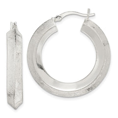 Sterling Silver Textured Polished 5.5x30mm Knife-edge Hoop Earrings