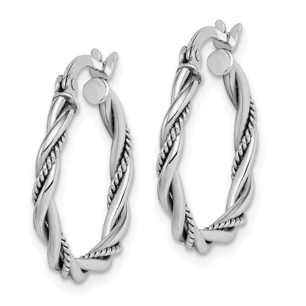 Rhodium-plated Sterling Silver Antiqued 2x20mm Twisted Hoop Earrings