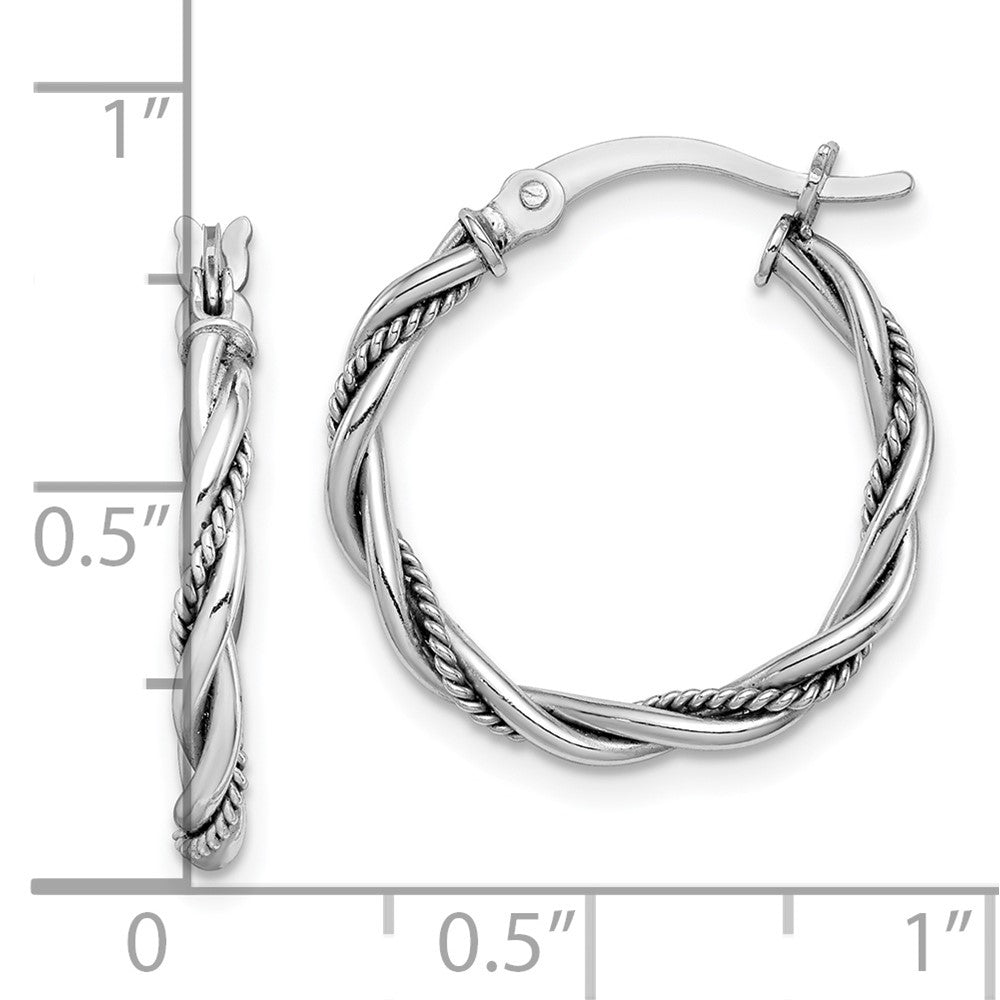 Rhodium-plated Sterling Silver Antiqued 2x20mm Twisted Hoop Earrings