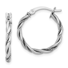 Rhodium-plated Sterling Silver Antiqued 2x20mm Twisted Hoop Earrings