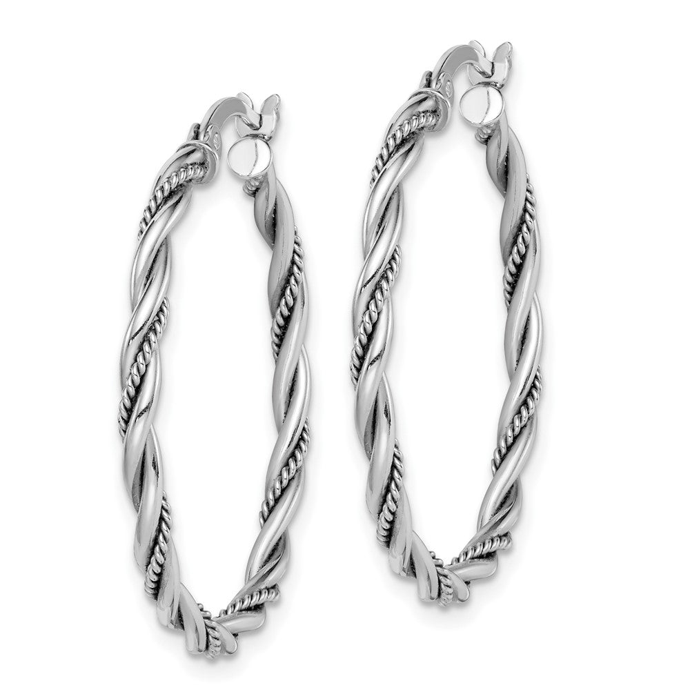 Rhodium-plated Sterling Silver Antiqued 2x30mm Twisted Hoop Earrings
