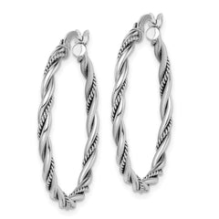Rhodium-plated Sterling Silver Antiqued 2x30mm Twisted Hoop Earrings