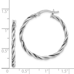 Rhodium-plated Sterling Silver Antiqued 2x30mm Twisted Hoop Earrings