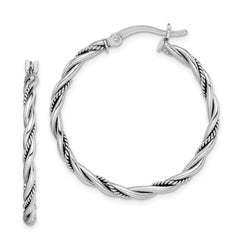 Rhodium-plated Sterling Silver Antiqued 2x30mm Twisted Hoop Earrings