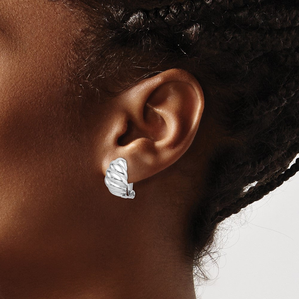 Rhodium-plated Silver Polished Scalloped Oval Clip On Earrings