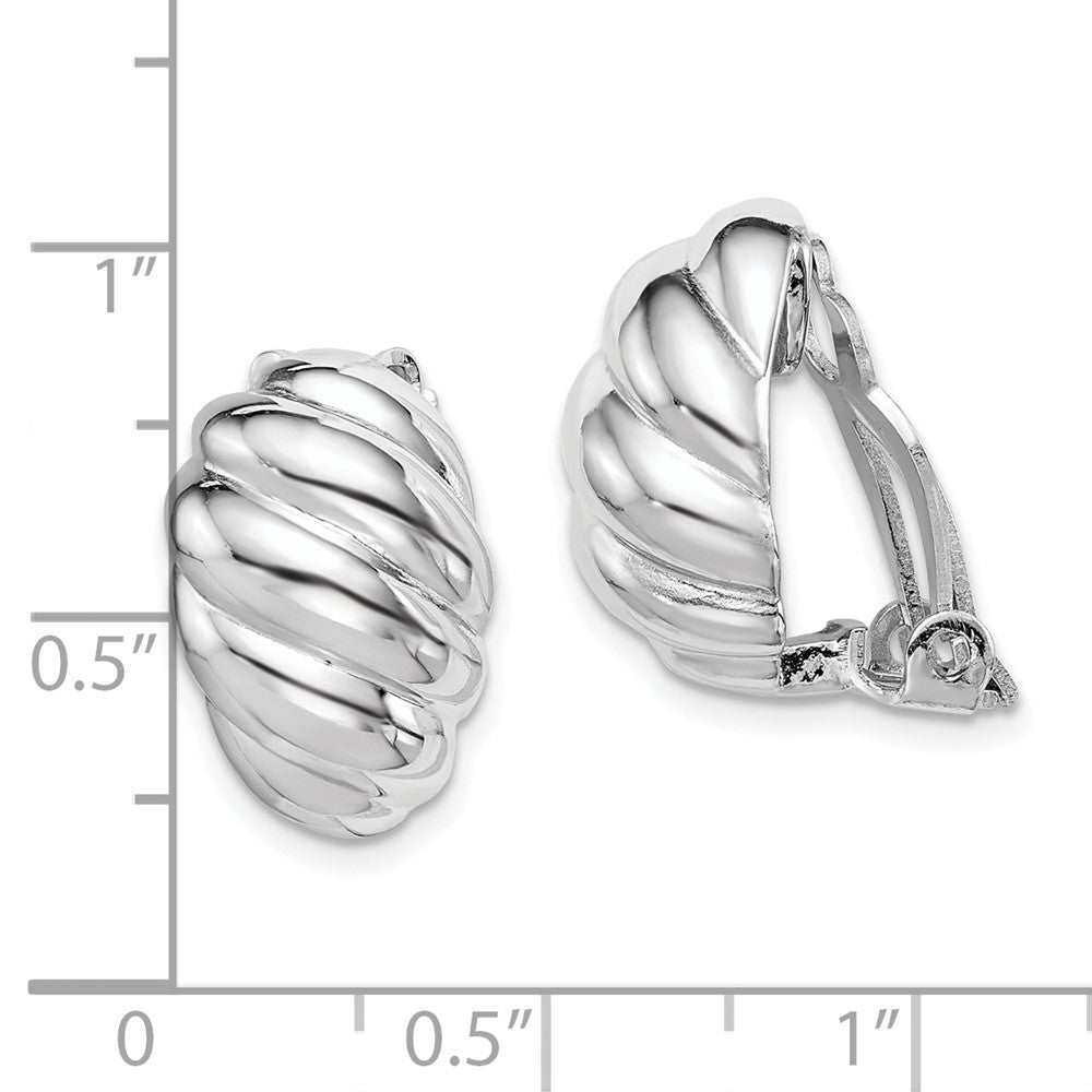 Rhodium-plated Silver Polished Scalloped Oval Clip On Earrings