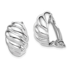 Rhodium-plated Silver Polished Scalloped Oval Clip On Earrings