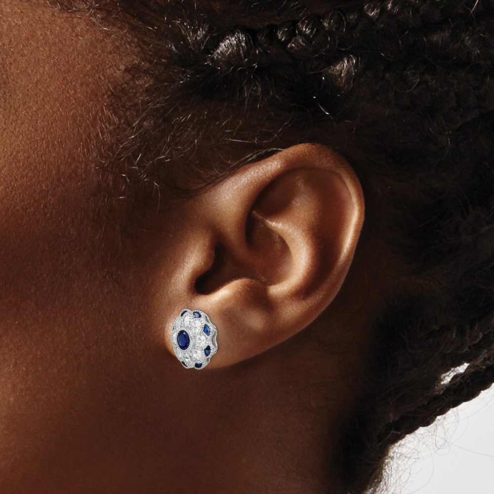 Rhodium-plated Sterling Silver CZ and Synthetic Blue Spinel Flower Post Earrings