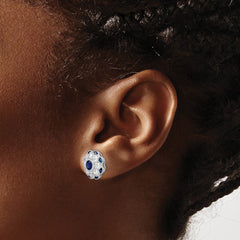 Rhodium-plated Sterling Silver CZ and Synthetic Blue Spinel Flower Post Earrings