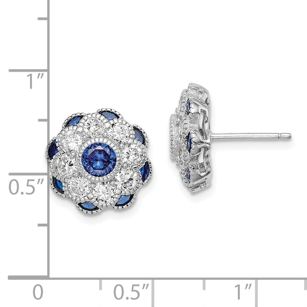 Rhodium-plated Sterling Silver CZ and Synthetic Blue Spinel Flower Post Earrings