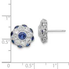 Rhodium-plated Sterling Silver CZ and Synthetic Blue Spinel Flower Post Earrings