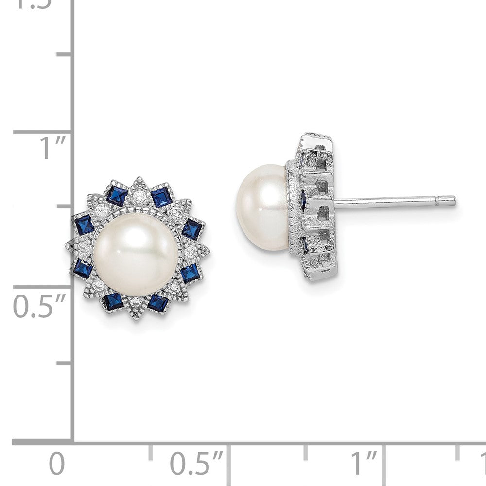 Rhodium-plated Silver FWC Pearl Syn. Blue Spinel CZ Earrings