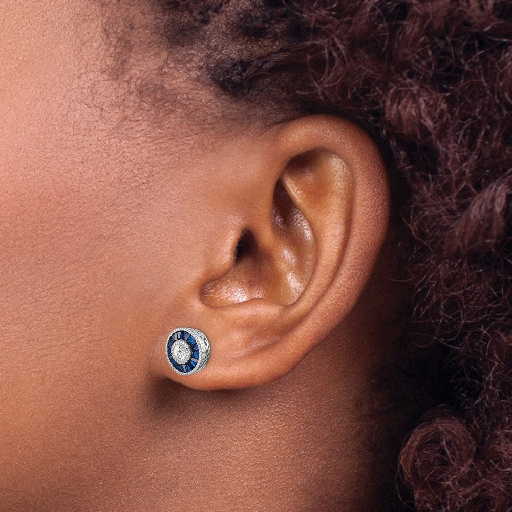 Rhodium-plated Sterling Silver Synthetic Blue Spinel and CZ Earrings