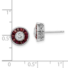 Rhodium-plated Sterling Silver CZ Created Ruby Halo Post Earrings