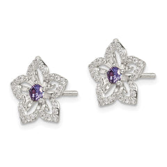 Sterling Silver Purple and Clear CZ Flower Post Earrings