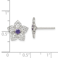 Sterling Silver Purple and Clear CZ Flower Post Earrings