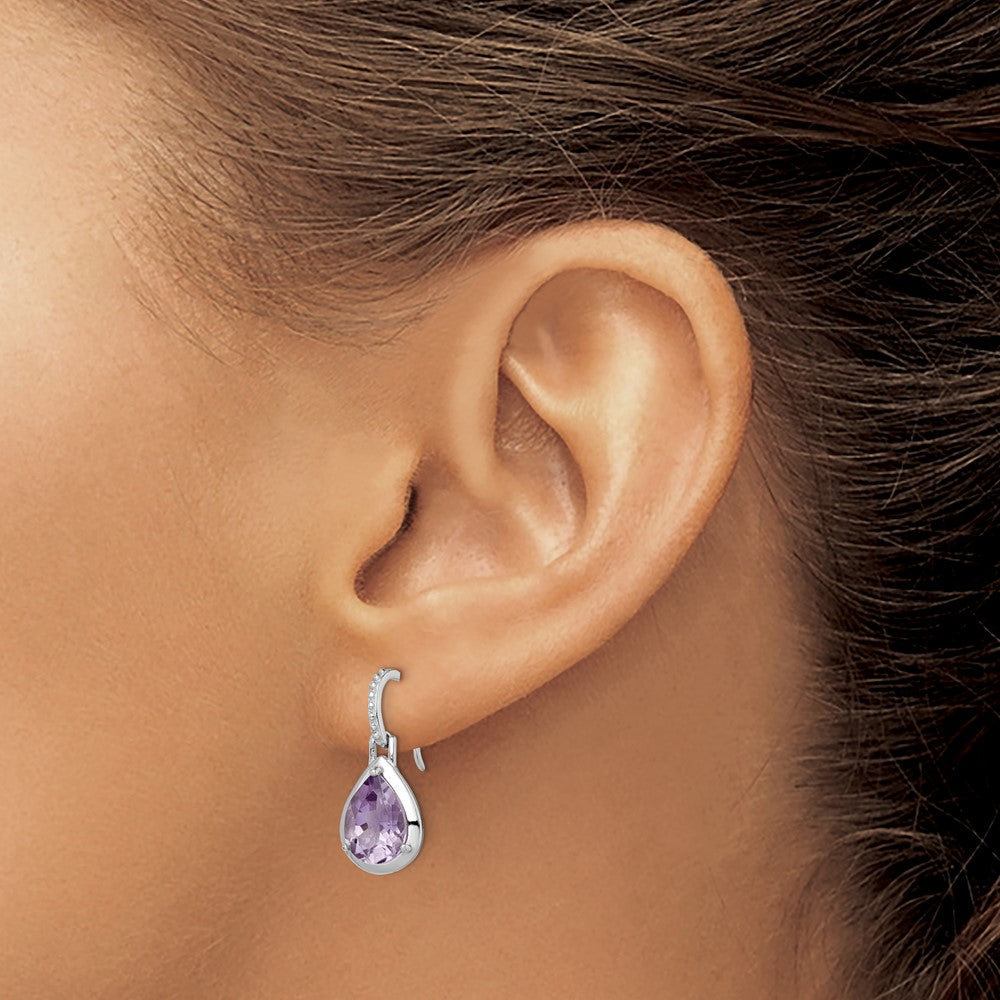 Rhodium-plated Sterling Silver Amethyst Teardrop Dangle Earrings