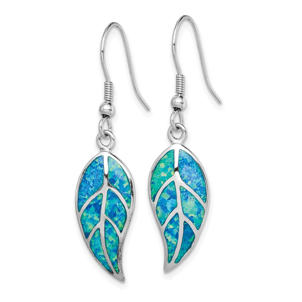 Rhodium-plated Sterling Silver Created Blue Opal Leaf Dangle Earrings