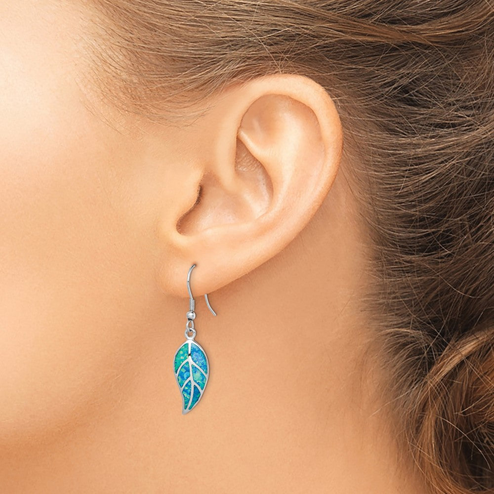 Rhodium-plated Sterling Silver Created Blue Opal Leaf Dangle Earrings