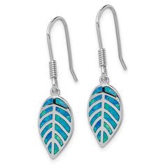 Rhodium-plated Sterling Silver Created Blue Opal Inlay Leaf Dangle Earrings