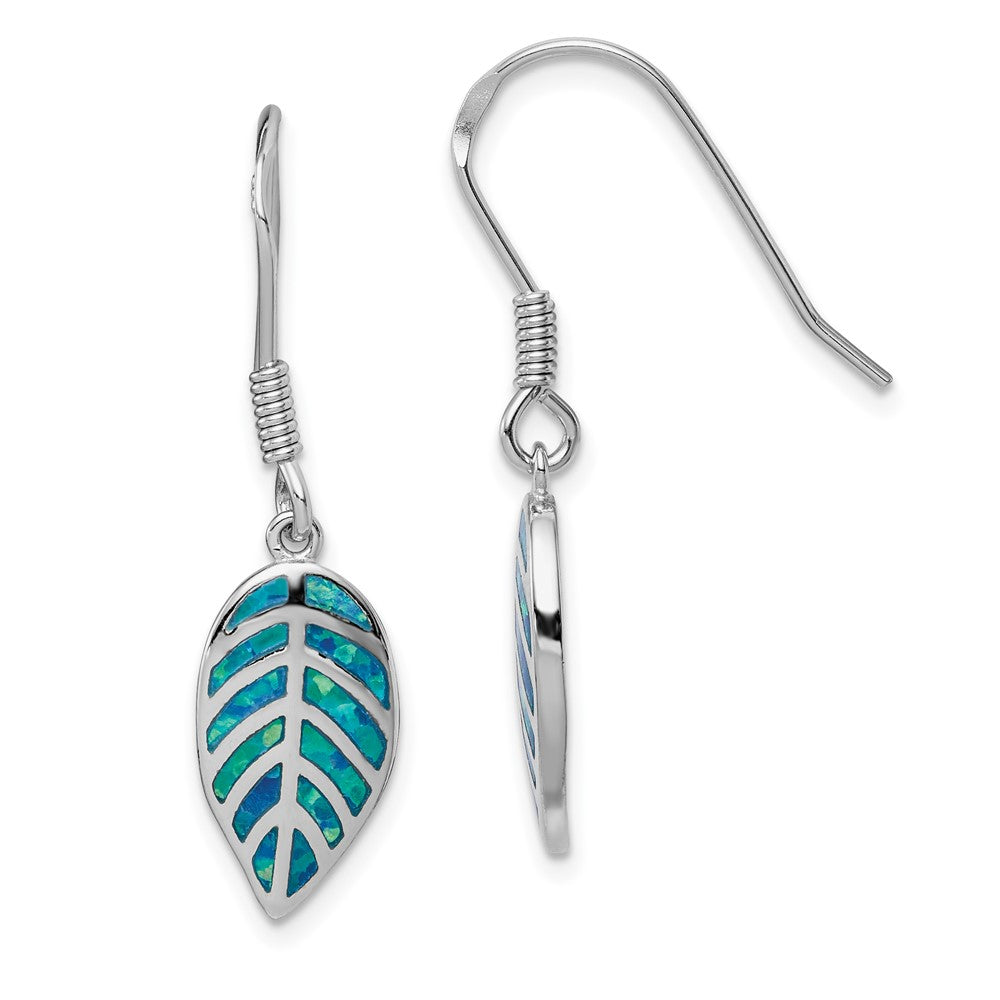 Rhodium-plated Sterling Silver Created Blue Opal Inlay Leaf Dangle Earrings