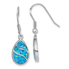 Rhodium-plated Sterling Silver Created Opal Inlay Teardrop Dangle Earrings
