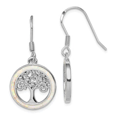 Rhodium-plated Sterling Silver Created Opal Circle with Tree Dangle Earrings