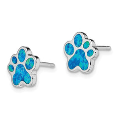 Rhodium-plated Sterling Silver Created Blue Opal Paw Print Post Earrings