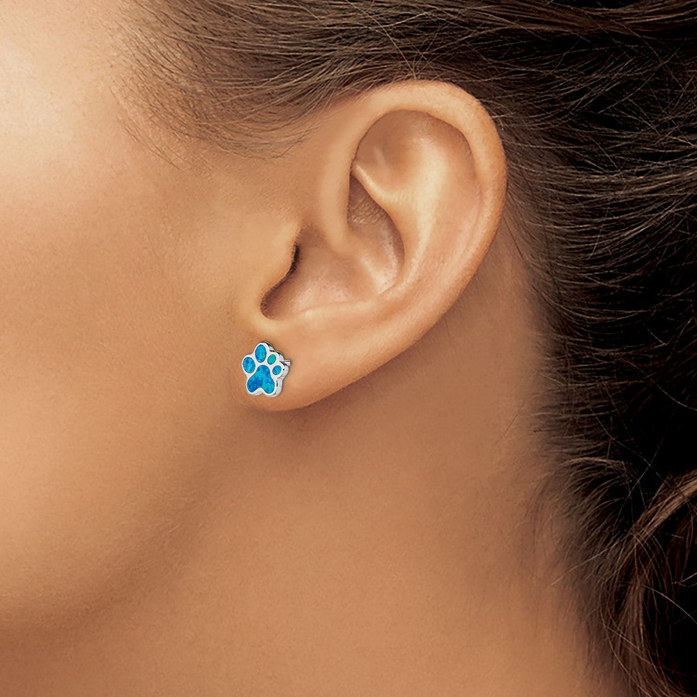 Rhodium-plated Sterling Silver Created Blue Opal Paw Print Post Earrings
