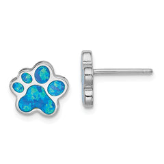 Rhodium-plated Sterling Silver Created Blue Opal Paw Print Post Earrings