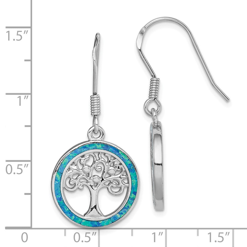 Rhodium-plated Sterling Silver Creat Blue Opal with Tree Dangle Earrings