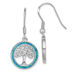 Rhodium-plated Sterling Silver Creat Blue Opal with Tree Dangle Earrings