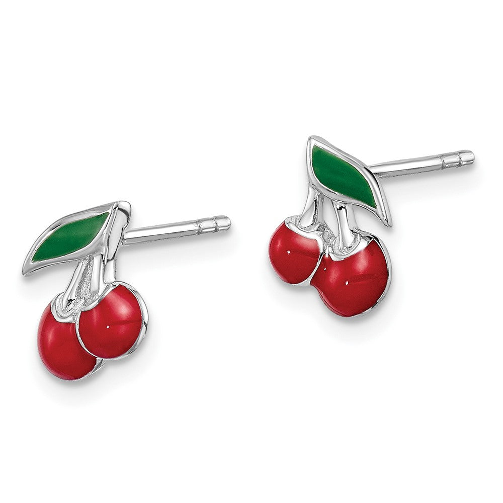 Rhodium-plated Sterling Silver Childs Enameled Cherry Post Earrings