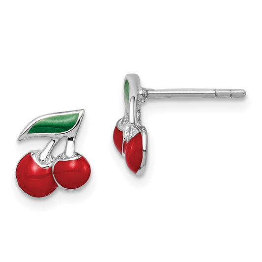 Rhodium-plated Sterling Silver Childs Enameled Cherry Post Earrings