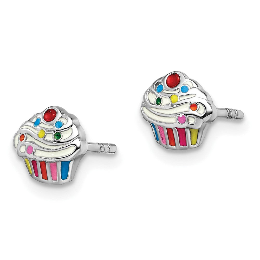 Rhodium-plated Sterling Silver Childs Enameled Cupcake Post Earrings