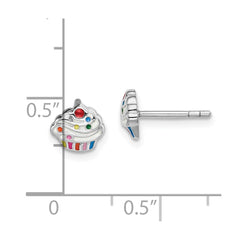 Rhodium-plated Sterling Silver Childs Enameled Cupcake Post Earrings