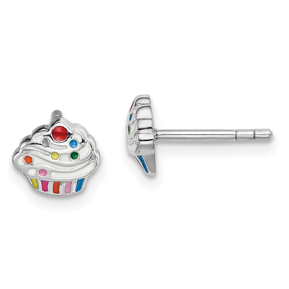Rhodium-plated Sterling Silver Childs Enameled Cupcake Post Earrings