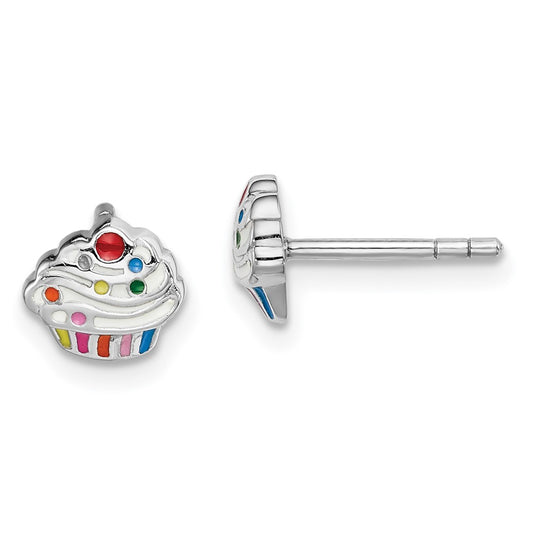 Rhodium-plated Sterling Silver Childs Enameled Cupcake Post Earrings