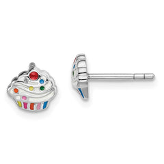 Rhodium-plated Sterling Silver Childs Enameled Cupcake Post Earrings