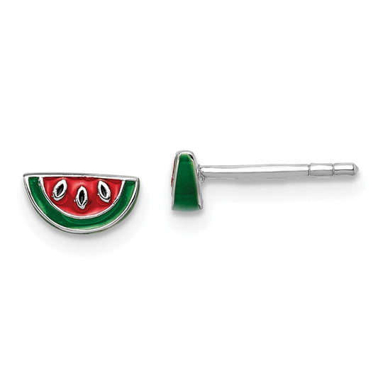 Rhodium-plated Sterling Silver Childs Enameled Watermelon Post Earrings