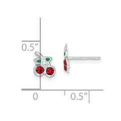 Rhodium-plated Sterling Silver Red & Green Crystal Cherry Post Earrings
